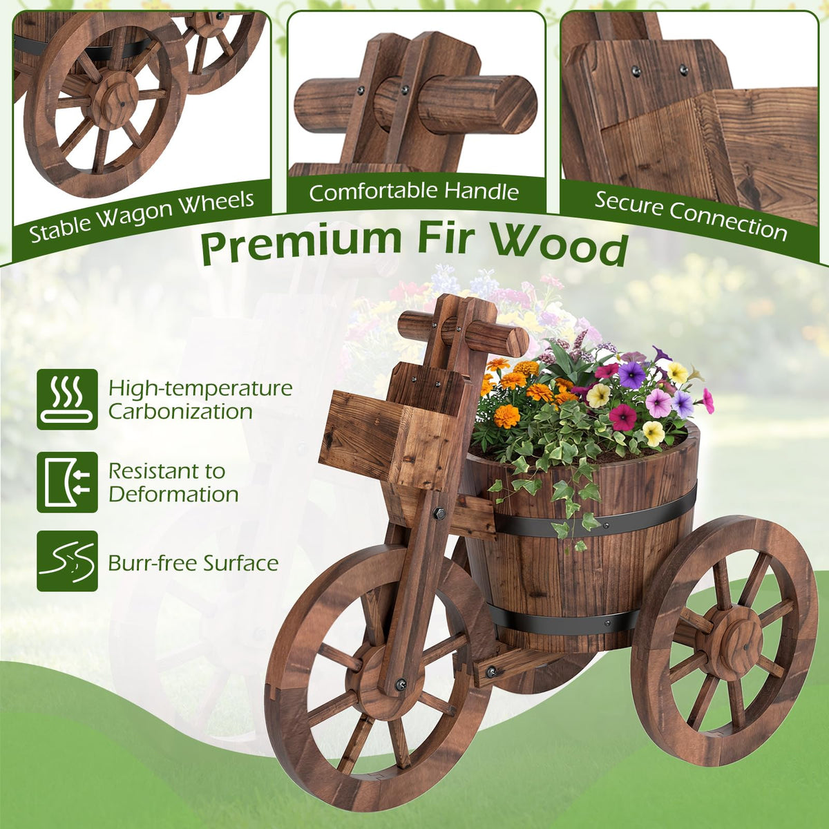 Lucktree Wooden Wagon Planter with Wheels for Patio Backyard Balcony