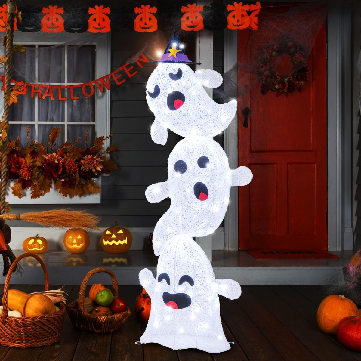 Lucktree 4 Ft Halloween Decorations Outdoor Stacked Ghosts, Free-Standing Cute Yard Decorations