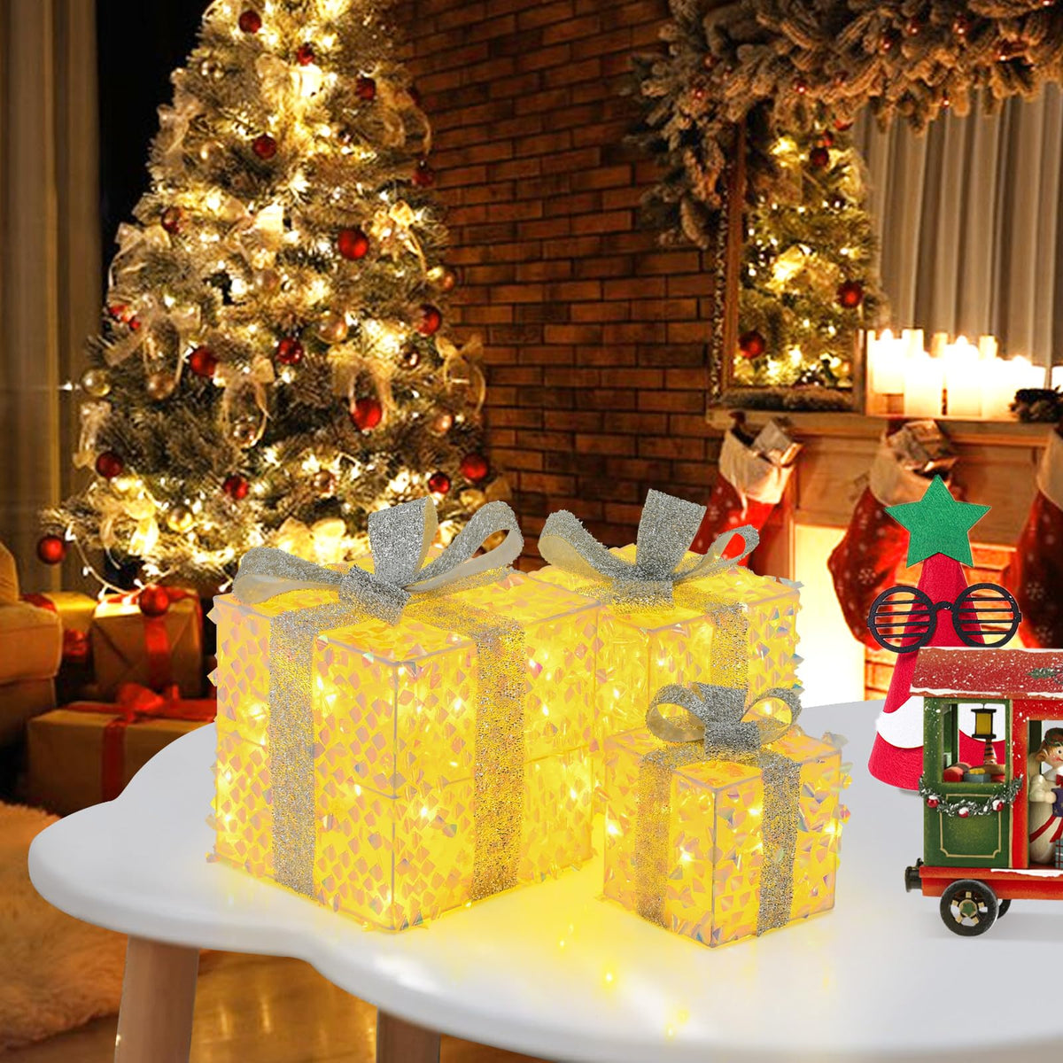 Lucktree 3 Pieces Christmas Lighted Gift Boxes ( Laser Fish Scale )