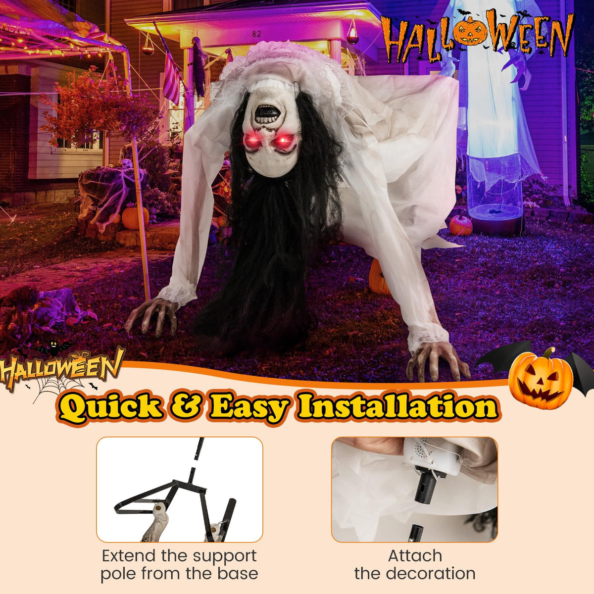 Lucktree Halloween Animated Crawling Woman with LED Eyes, Animatronic Zombie Woman Crawler with Vocally Triggered Sound & Motion Effects
