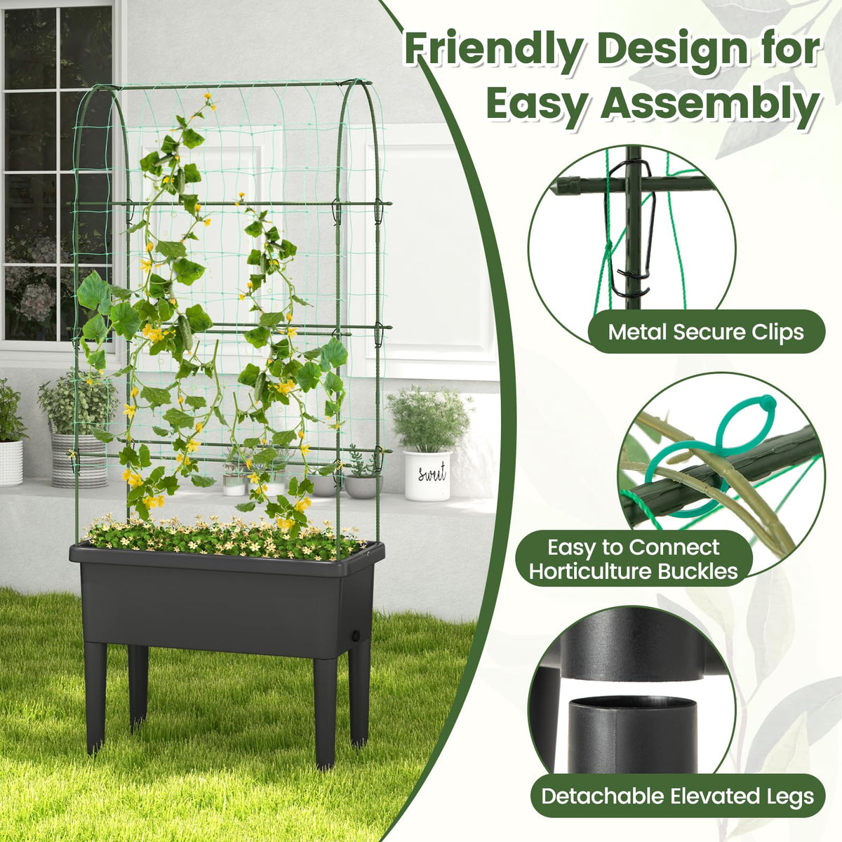 Lucktree Raised Garden Bed with Climbing Trellis, Self-Watering Elevated Planter