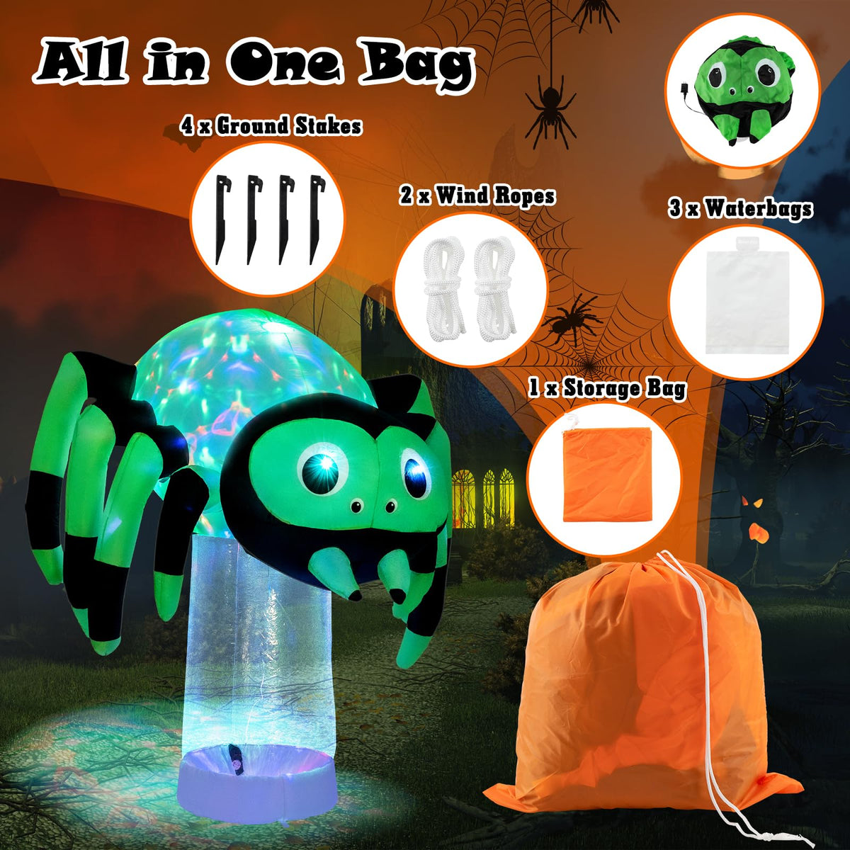 Lucktree 6 FT Halloween Inflatable Spider with Multi-Color Rotating Light