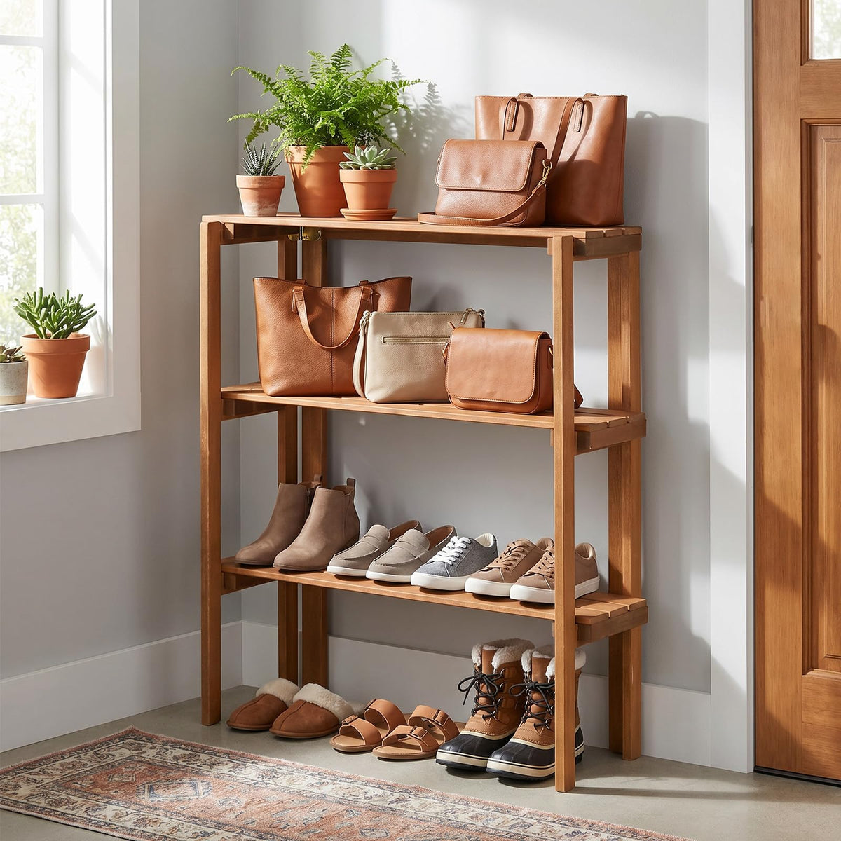 Lucktree 3-Tier Foldable Solid Wood Indoor Outdoor Flower Pot Display Rack
