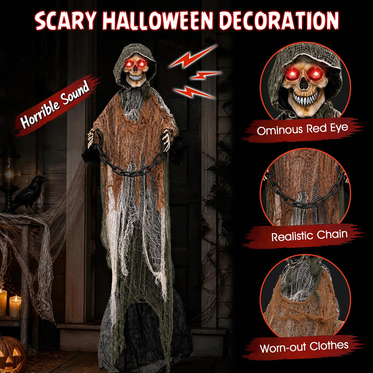 Lucktree 5.7 FT Life-Size Animated Halloween Skeleton Reaper with Chain