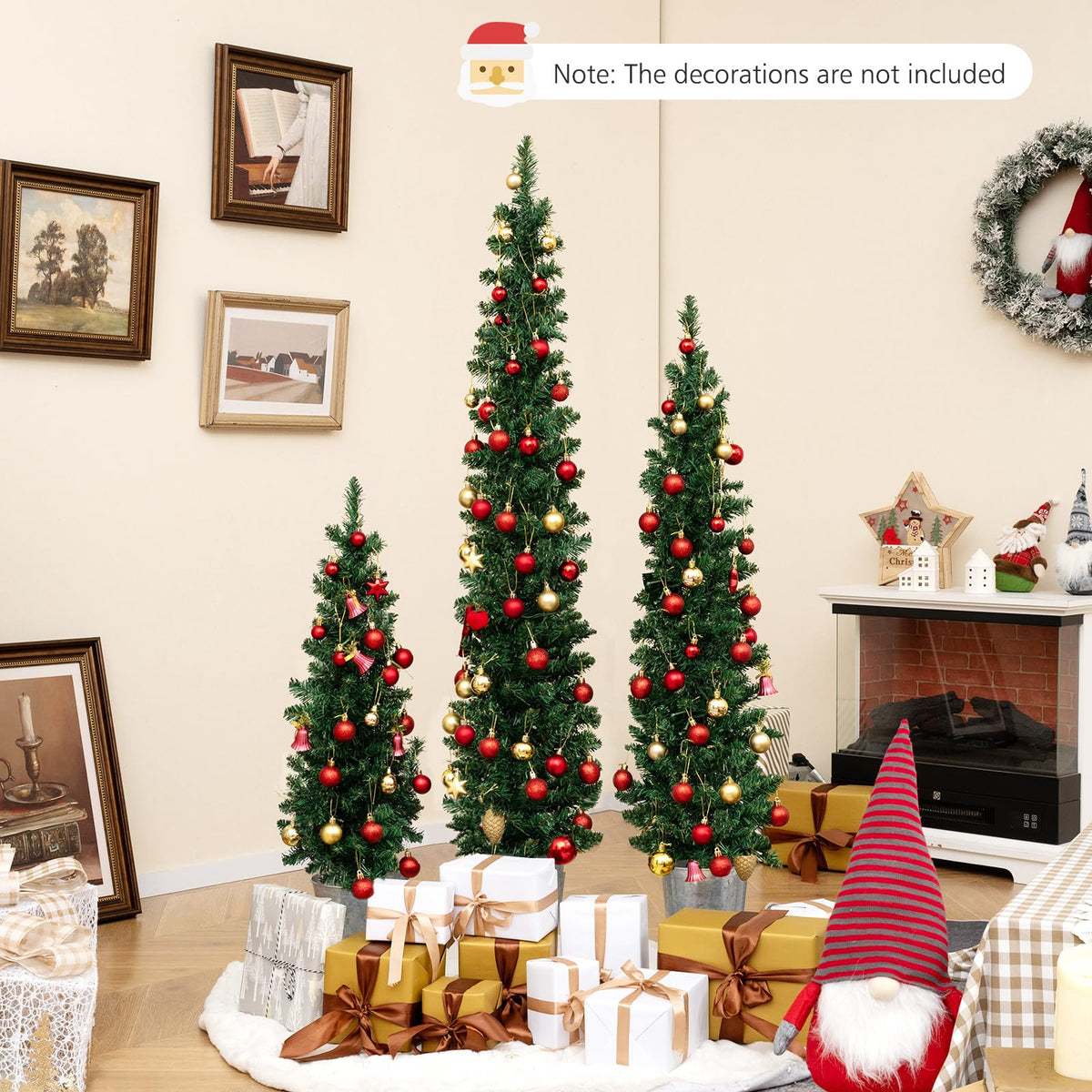 Lucktree 3' 4' 5' Pre-Lit Artificial Christmas Tree Set of 3, Slim Pencil Potted Xmas Tree with 423 Branch Tips, 230 Warm White LED Lights