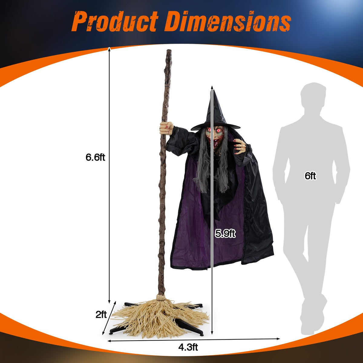 Lucktree 6.6 FT Halloween Animatronics Flying Witch on Broom Decorations
