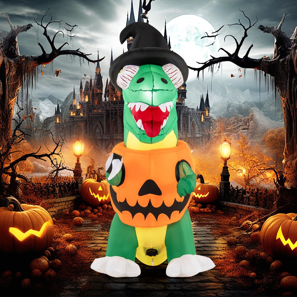 Lucktree 6 FT Inflatable Pumpkin Dinosaur, Blow up Yard Decoration with Built-in LED Lights & Witch Hat