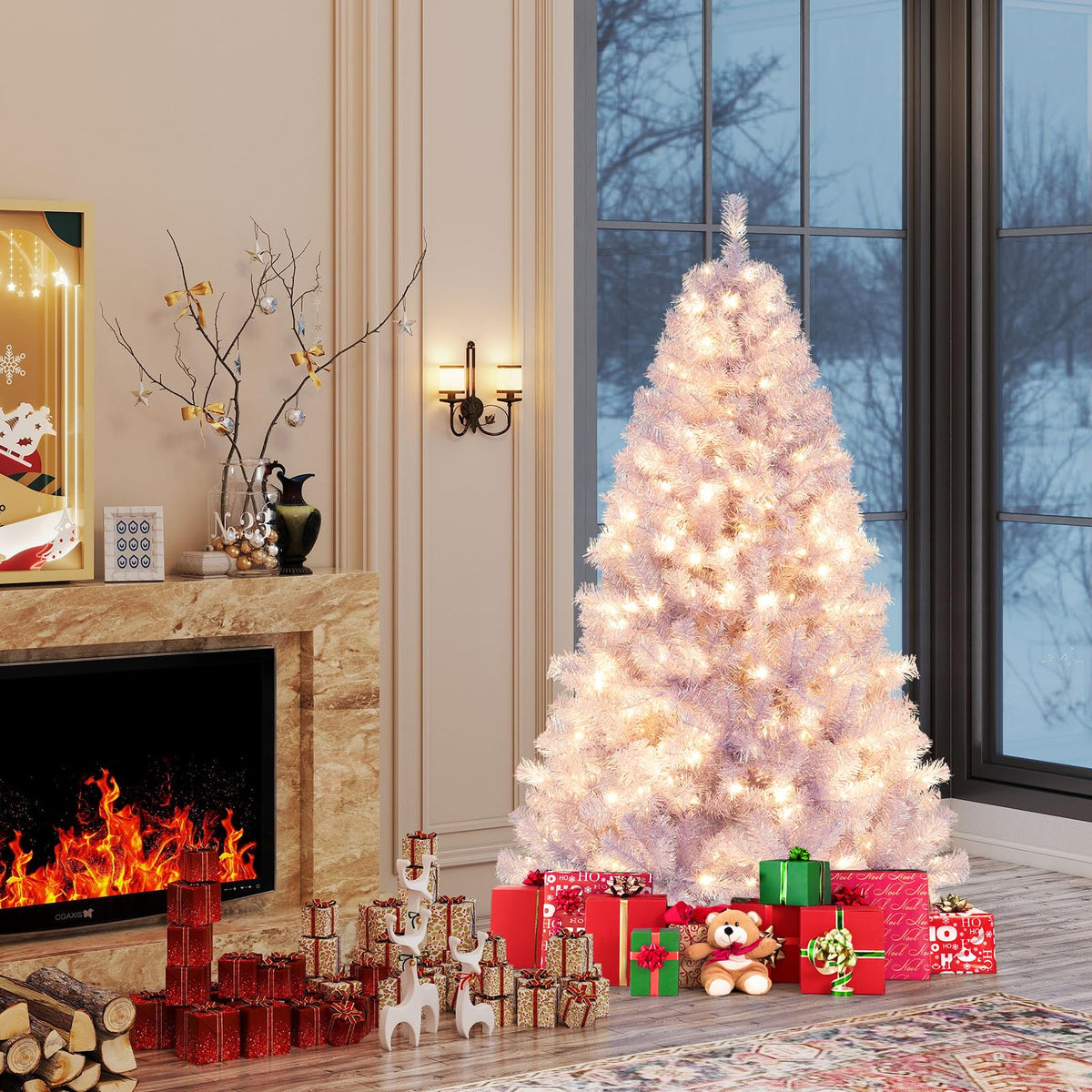Lucktree 6FT / 7.5FT Pre-Lit Tinsel Christmas Tree with Warm White LED Lights