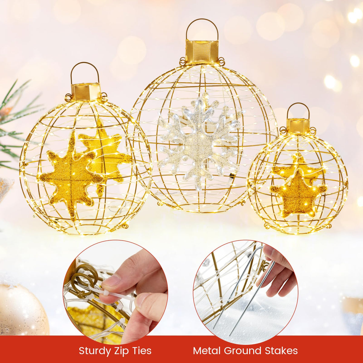 Lucktree 3 PCS Pre-Lit Lantern Balls, Hanging/Standing Christmas Ornaments with 732 Bright LED Lights, Zip Ties & Ground Stakes