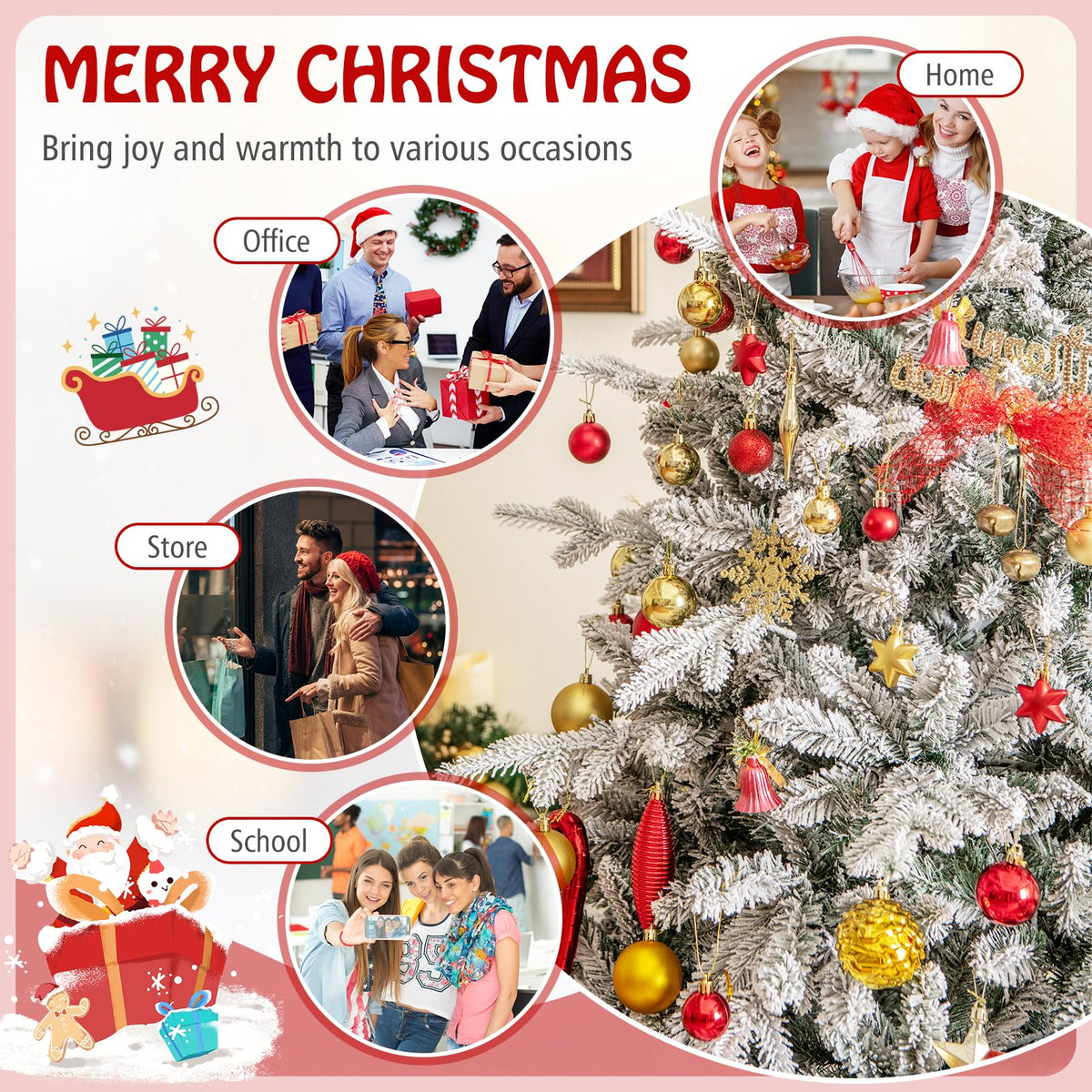 Lucktree 7ft Pre-Lit Snow Flocked Christmas Tree, Artificial Hinged Full Xmas Tree with 350 Multicolored LED Lights