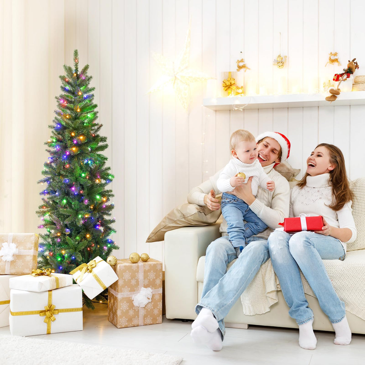 Lucktree 5ft Pre-Lit Pencil Christmas Tree, Hinged Artificial Slim Tree with 390 PVC PE Branch Tips