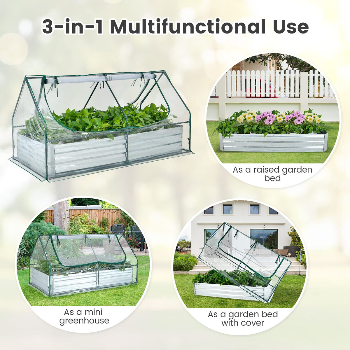 Lucktree Galvanized Steel Raised Garden Bed with Mini Greenhouse, Outdoor Metal Planter Box Kit with Large Roll-up PVC Cover