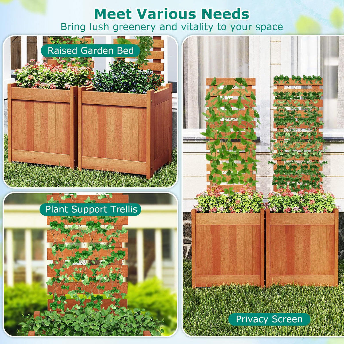 Lucktree Outdoor Wooden Raised Garden Bed with Trellis