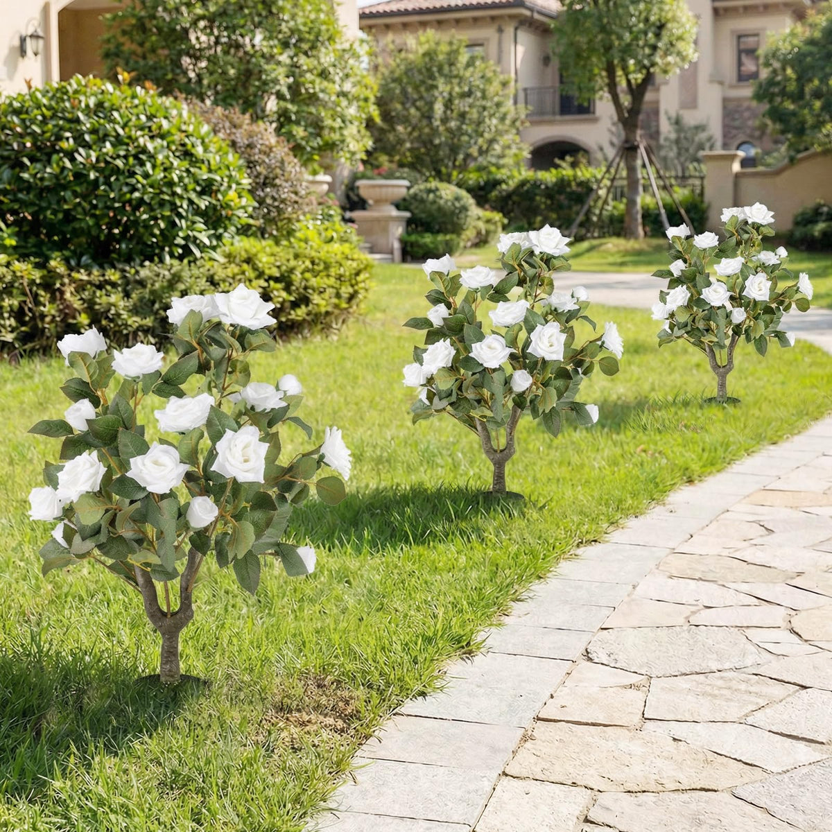 Lucktree 31.5” 2 Pack Artificial Rose Flower Trees with Spikes & 18 White Flowers