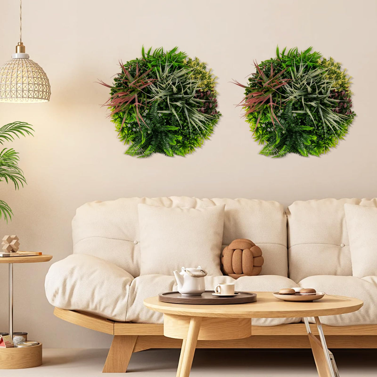 Lucktree 2 Pack Hanging Artificial Plants Panels, 20" Round Framed 3D Greenery Wall Art Decor