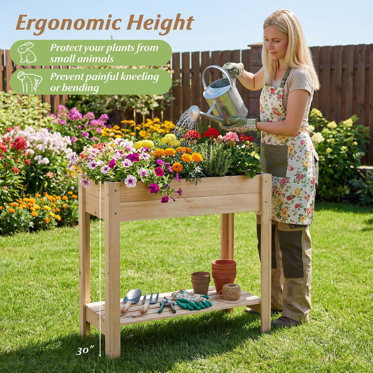 Lucktree Wood Raised Garden Bed w/Lower Shelf