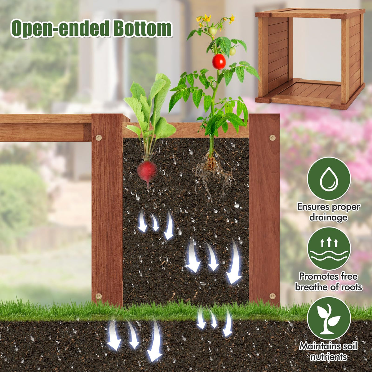 Lucktree Outdoor Bench with Raised Garden Bed, Wood Seat with Teak Oil Finish, Planter Box with Open-Ended Base