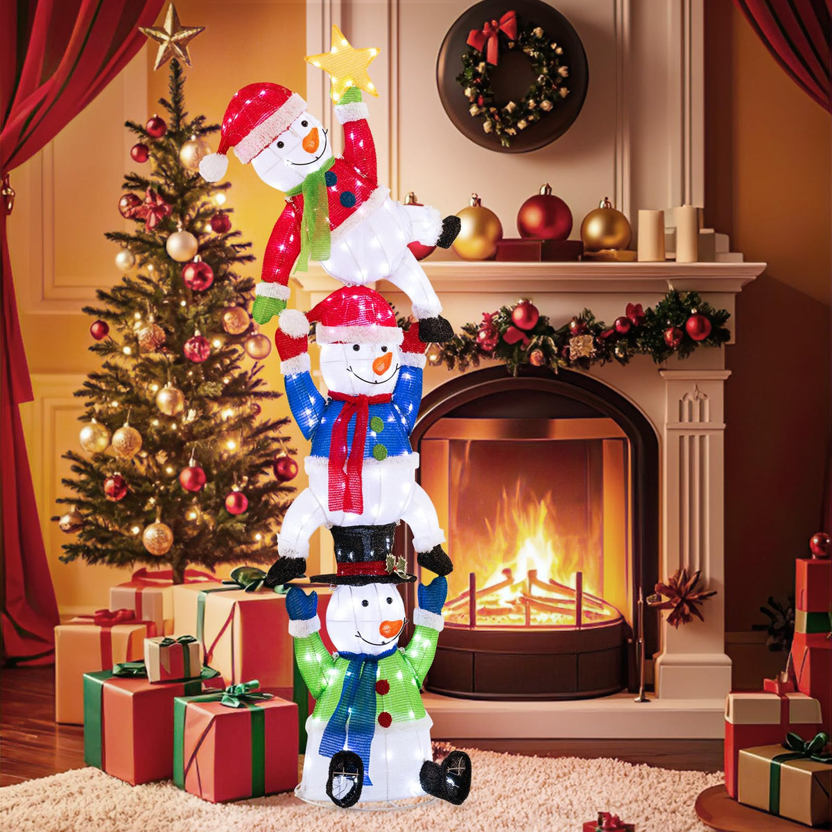 Lucktree 6 ft Christmas Stacked Snowman, 3D Pre-Lit Snowman Decoration w/ 155 LED Lights
