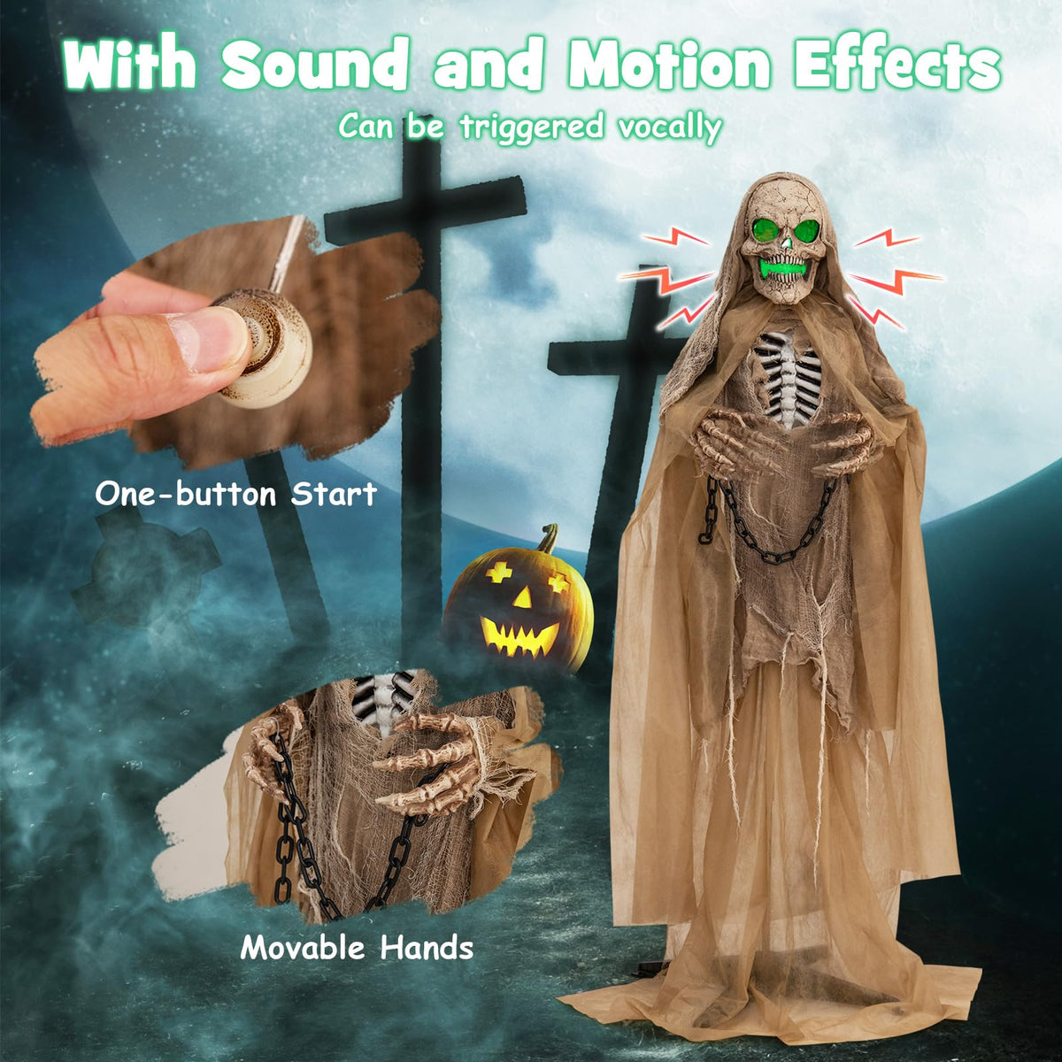 Lucktree 5.6 FT Halloween Standing Animated Skeleton with Chain, Animatronic Skull Grim Reaper with LED lights