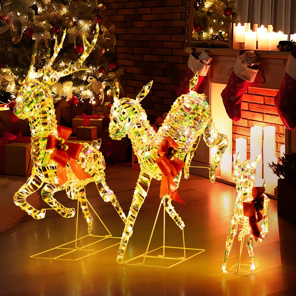Lucktree Christmas Lighted Reindeer, Set of 3 Reindeer Decorations with LED Lights and Red Bows