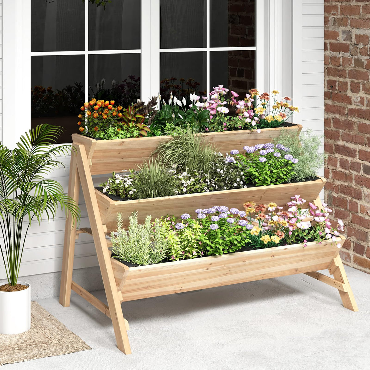 Lucktree 3-Tier Raised Garden Bed, Wooden Vertical Planter Box with Storage Shelf