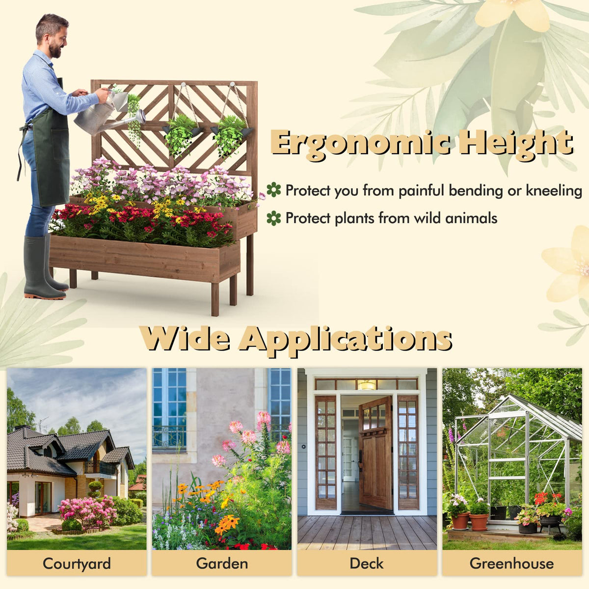 Lucktree Raised Garden Bed with Trellis, 2-Tier Wooden Planter Box with Legs and Drain Holes (Brown)