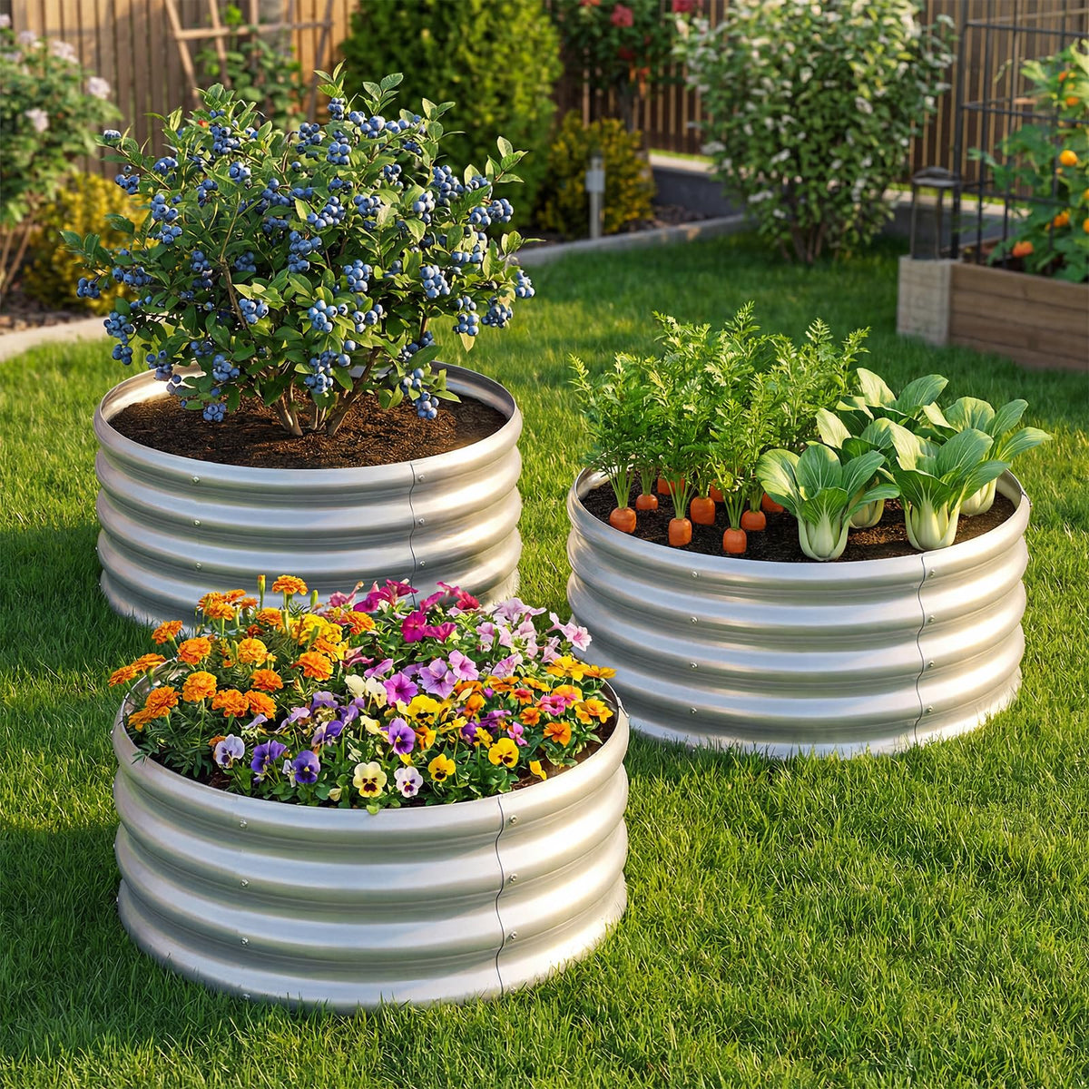 Lucktree Galvanized 2 x 2 x 1 FT Round Outdoor Planter Box with Open-Ended Base (1/2)