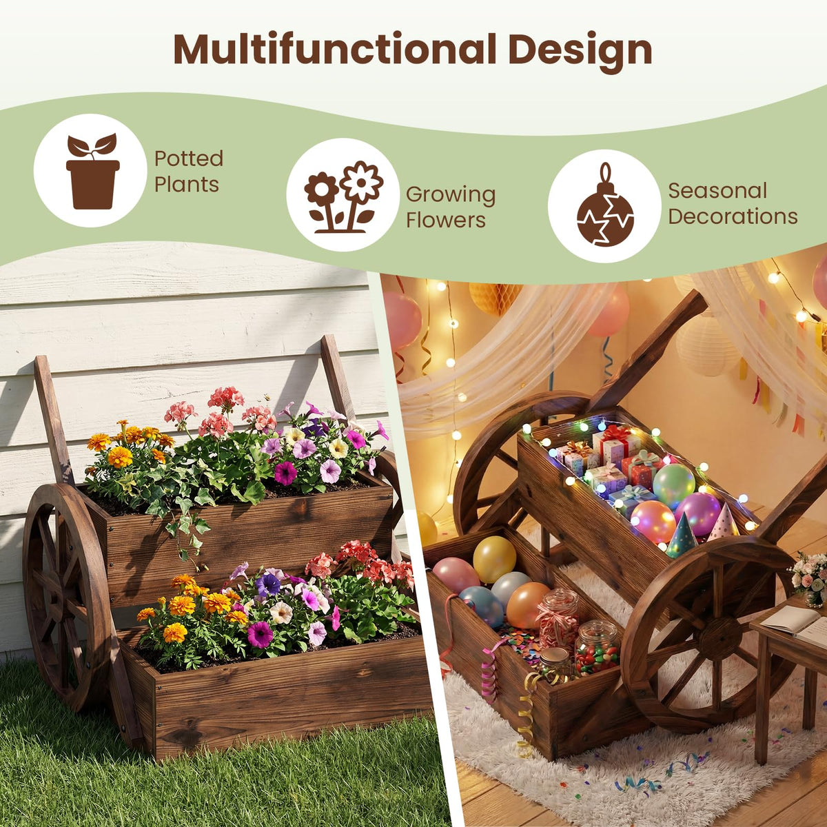 Lucktree Wooden Wagon Planter Box with Wheels