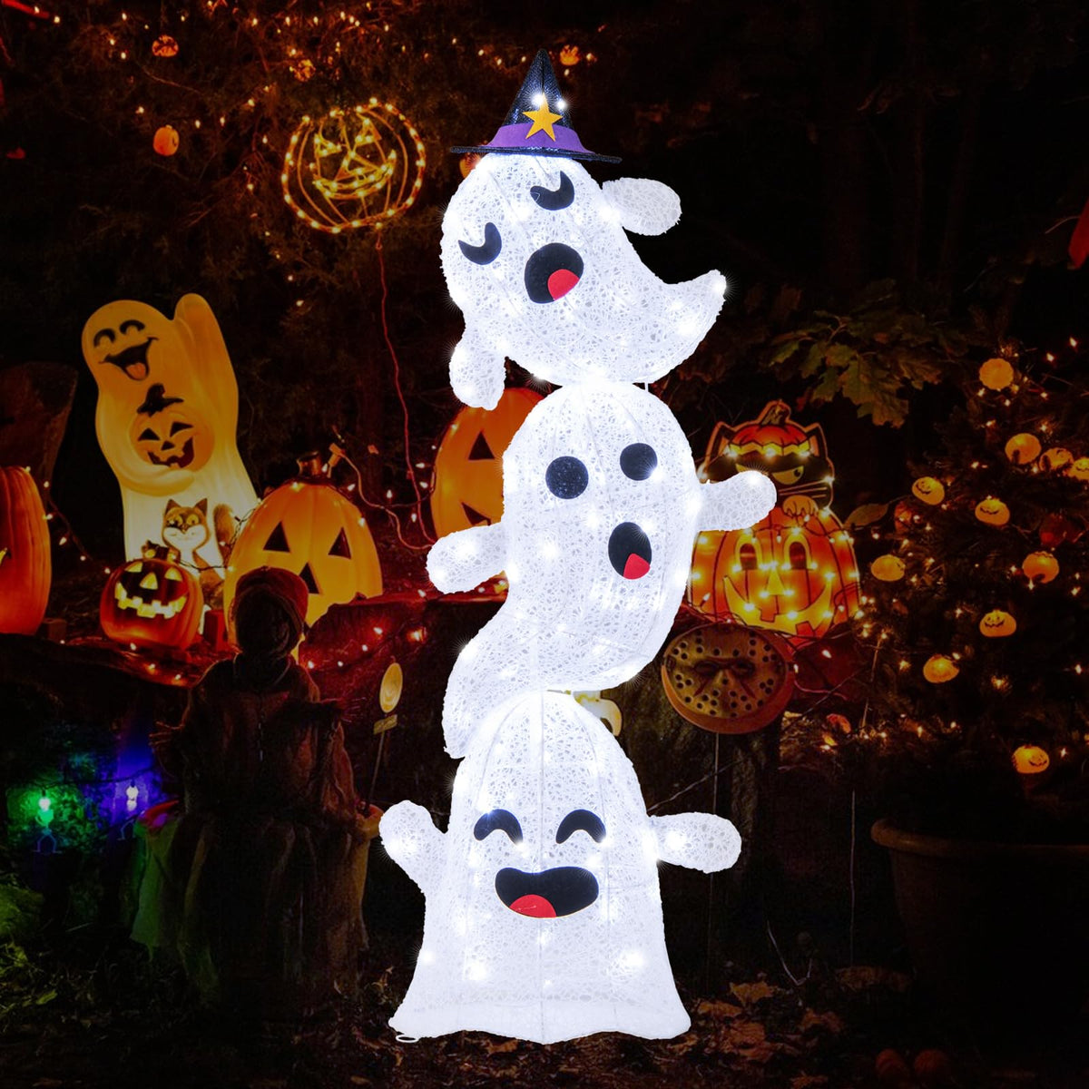 Lucktree 4 Ft Halloween Decorations Outdoor Stacked Ghosts, Free-Standing Cute Yard Decorations