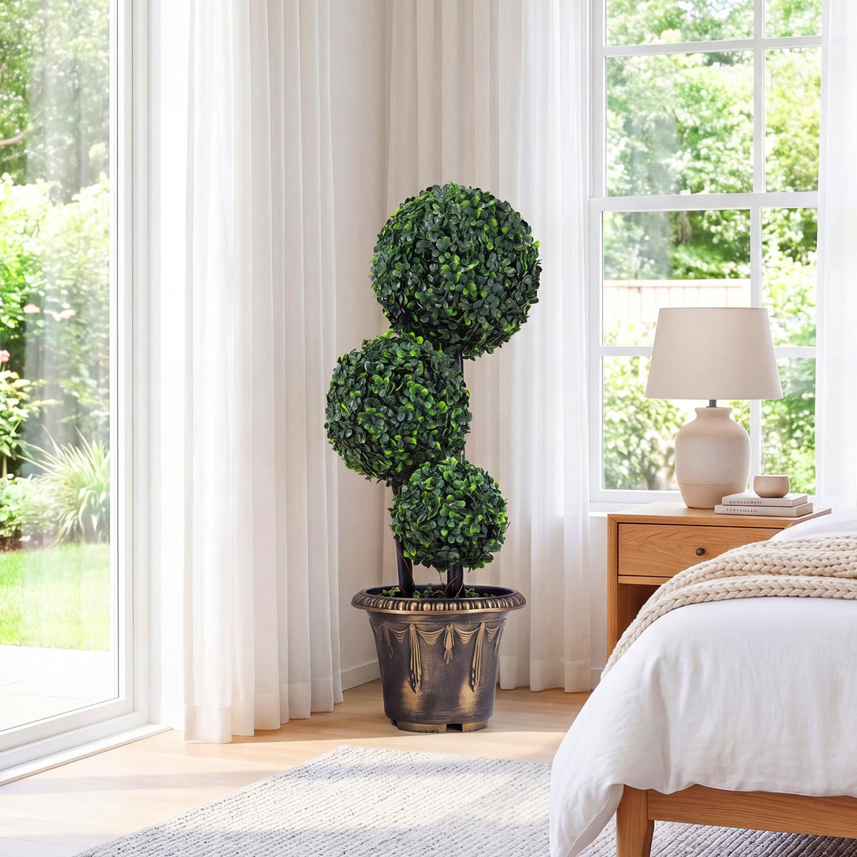 Lucktree 2.5 FT Artificial Boxwood Topiary Tree Evergreen Faux Potted Plants (1/2 Pack)