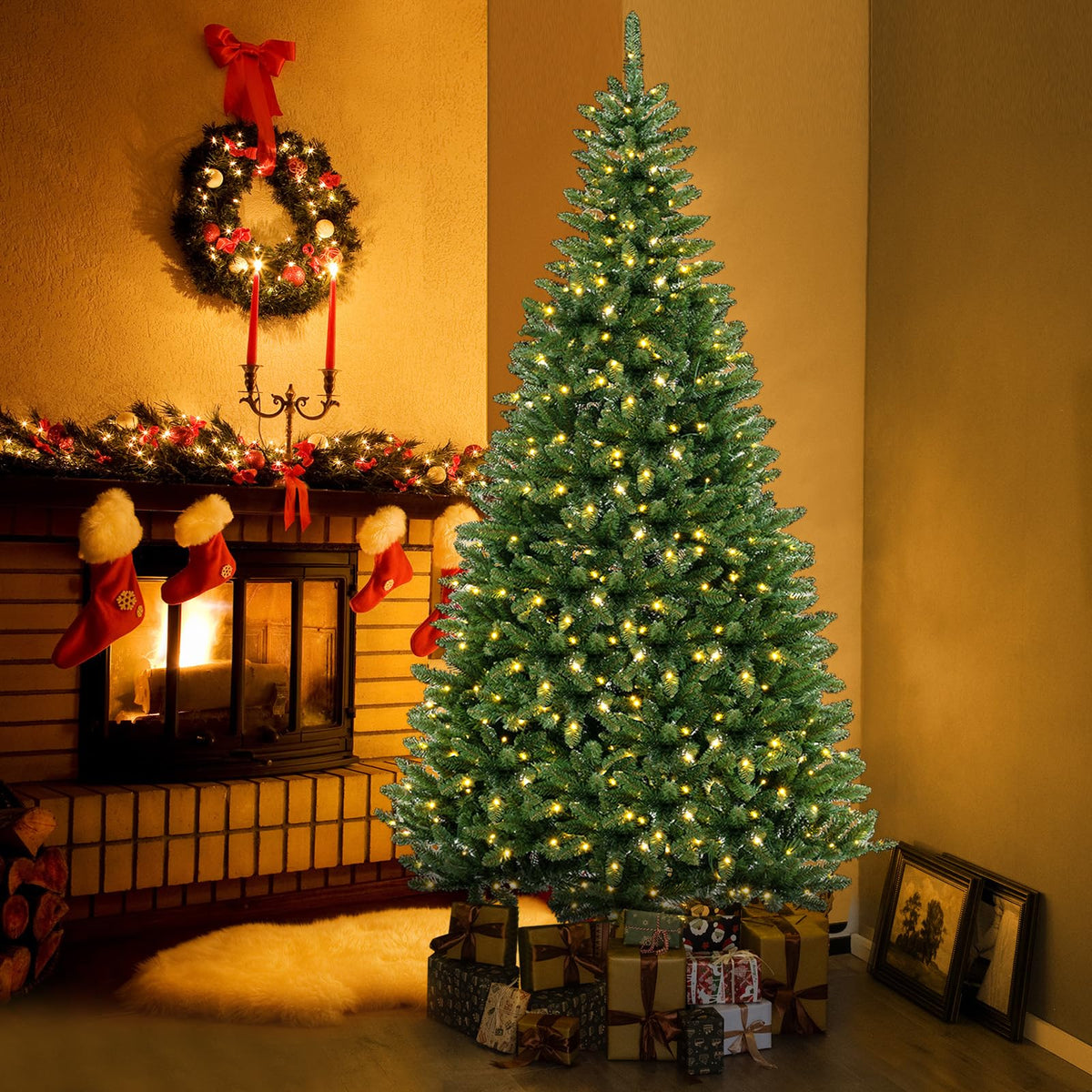 Lucktree 8 FT 270° Pre-Lit Corner Christmas Tree for Wall, Artificial Hinged Xmas Tree with 360 Warm White LED Lights