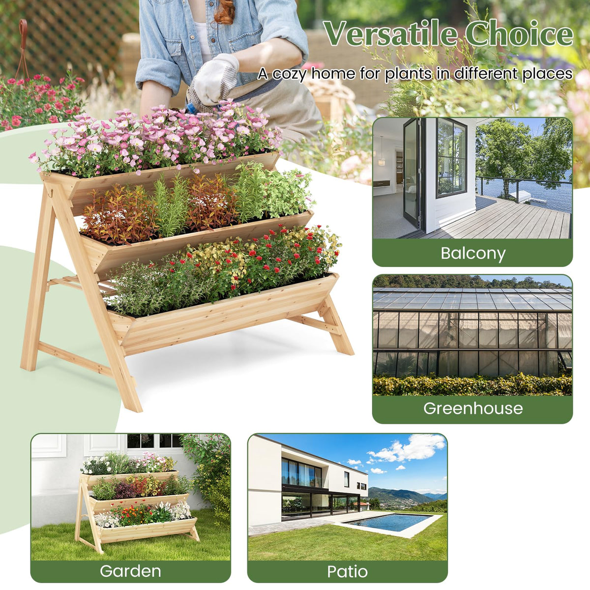 Lucktree 3-Tier Raised Garden Bed, Wooden Vertical Planter Box with Storage Shelf