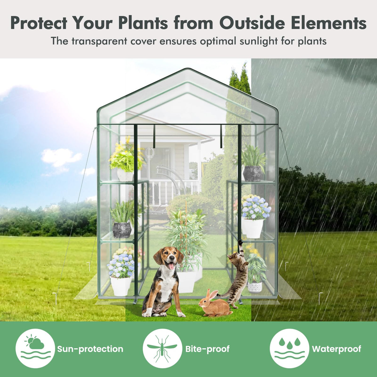 Lucktree Walk-in Greenhouse w/ 3 Tiers 4 Shelves, 4 Ground Stakes & Ropes, PVC Cover