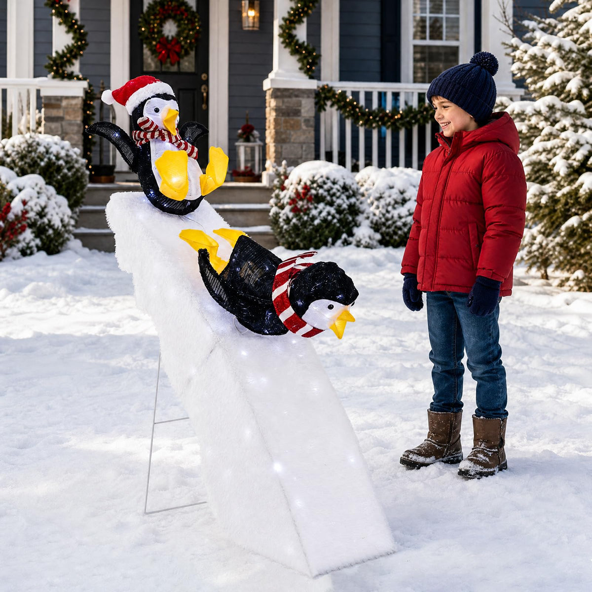 Lucktree 4 FT Lighted Christmas Penguin Slide Scene Decoration