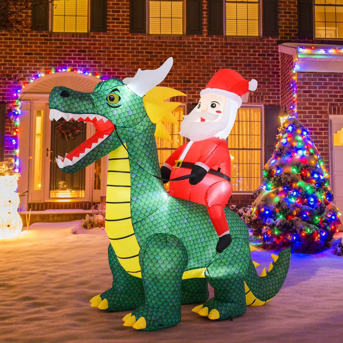 Lucktree 6.7 FT Inflatable Christmas Santa Claus Riding Dinosaur Decoration with Lights Stakes