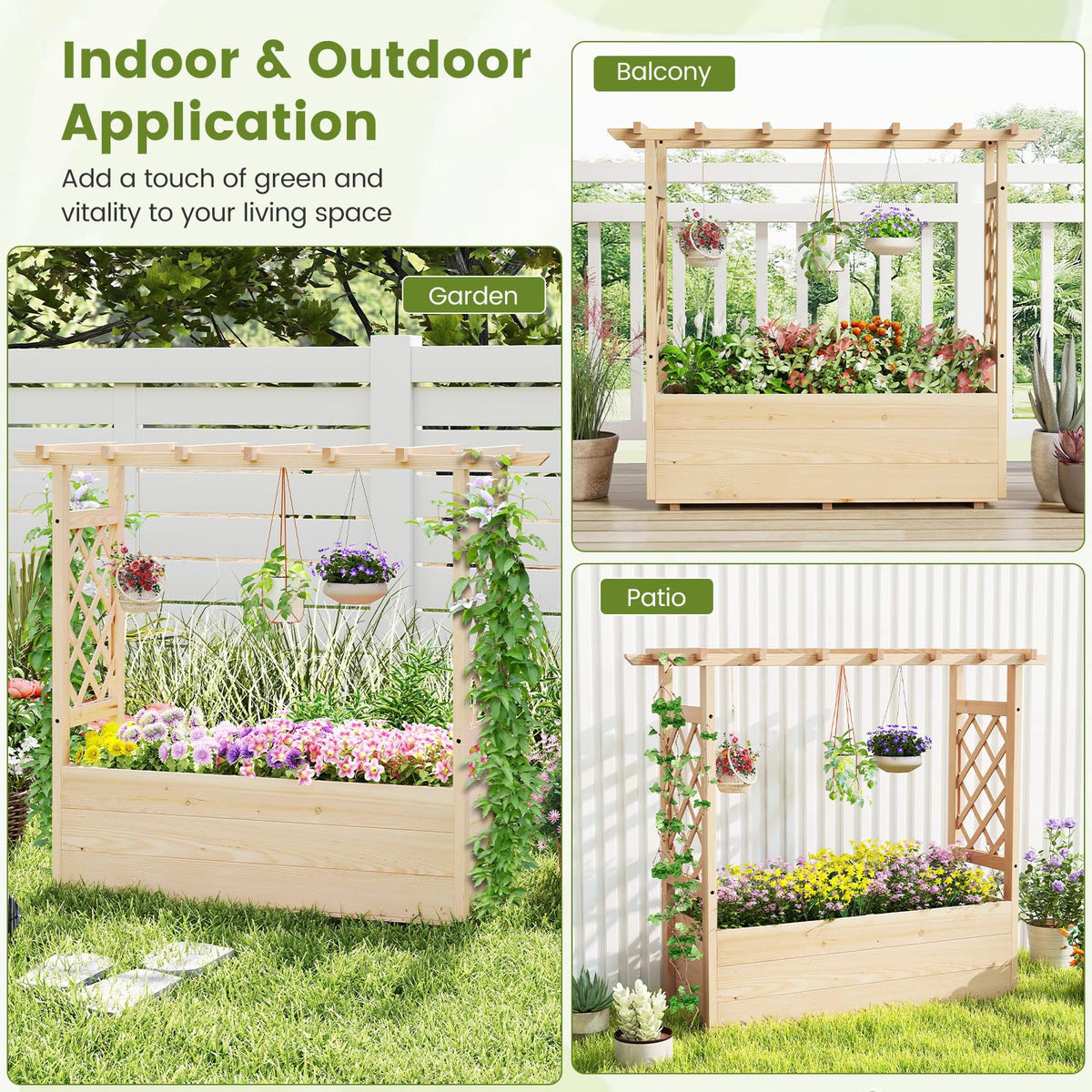 Lucktree Raised Garden Bed with Sided Trellis and Hanging Roof