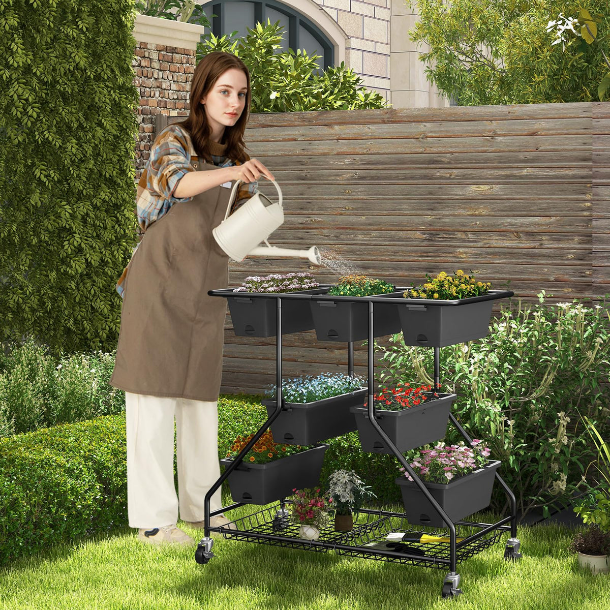 Lucktree Rolling Raised Garden Bed w/ 7 Planter Boxes, Storage Baskets, Drainage Holes