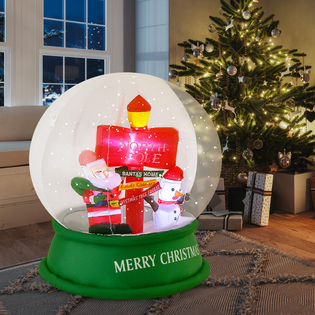 Lucktree 4.2 FT Christmas Inflatable Santa Snow Globe, Light Up Crystal Ball with Santa, Snowman & Road Sign