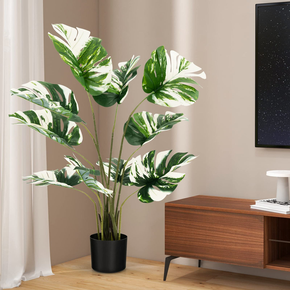 Lucktree 4ft Artificial Monstera Deliciosa Plant, 2 Pack Tall Fake Tropical Palm Tree in Pot with 10 Decorative Split Leaves