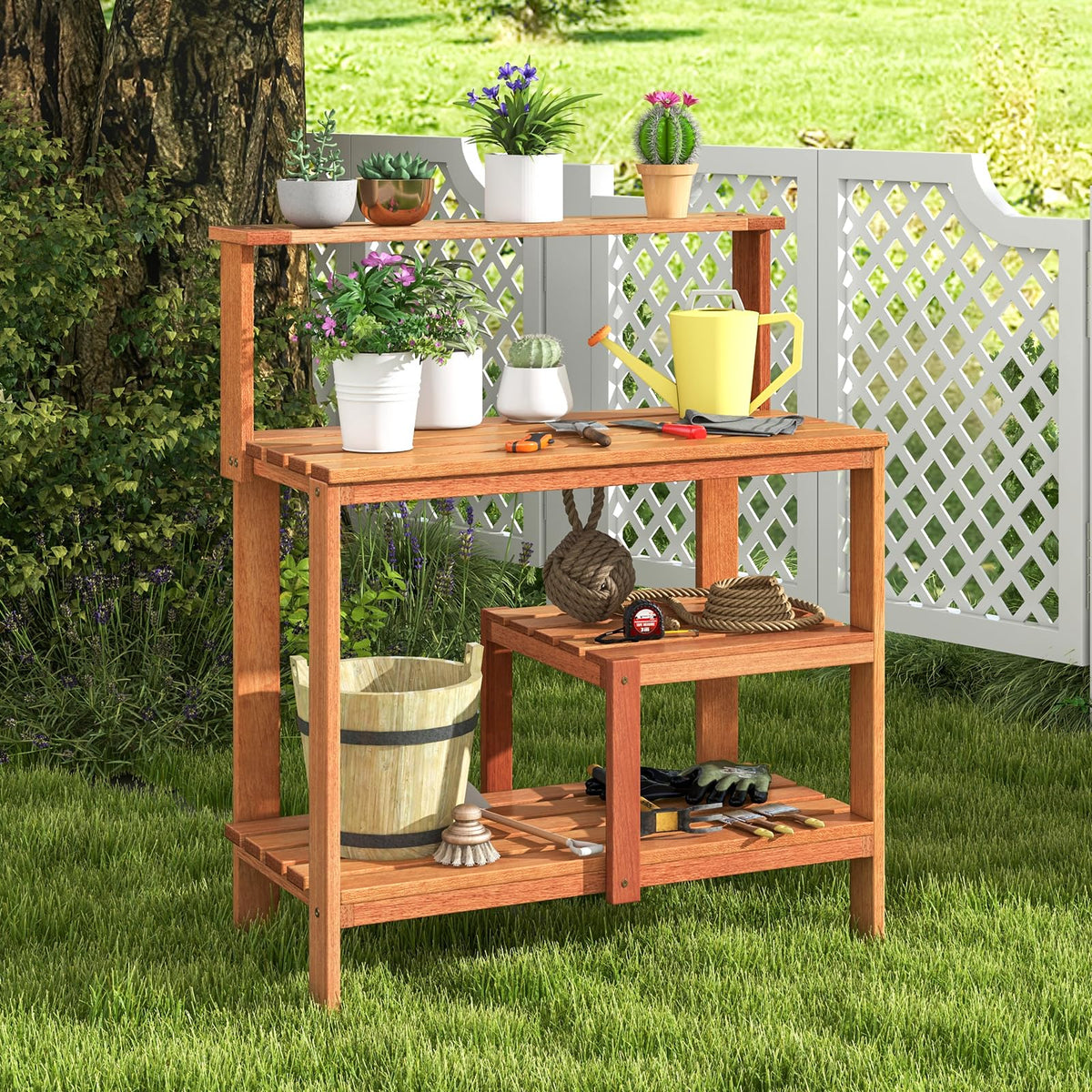 Lucktree 4-Tier Potting Bench, Solid Wood Gardening Workstation w/Open Storage Shelves