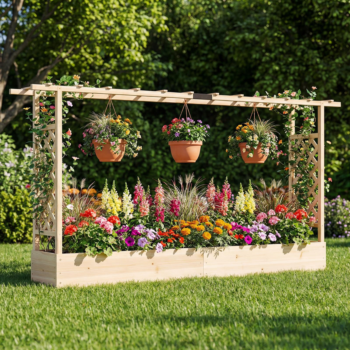 Lucktree Wooden Raised Garden Bed with Trellis & Hanging Roof