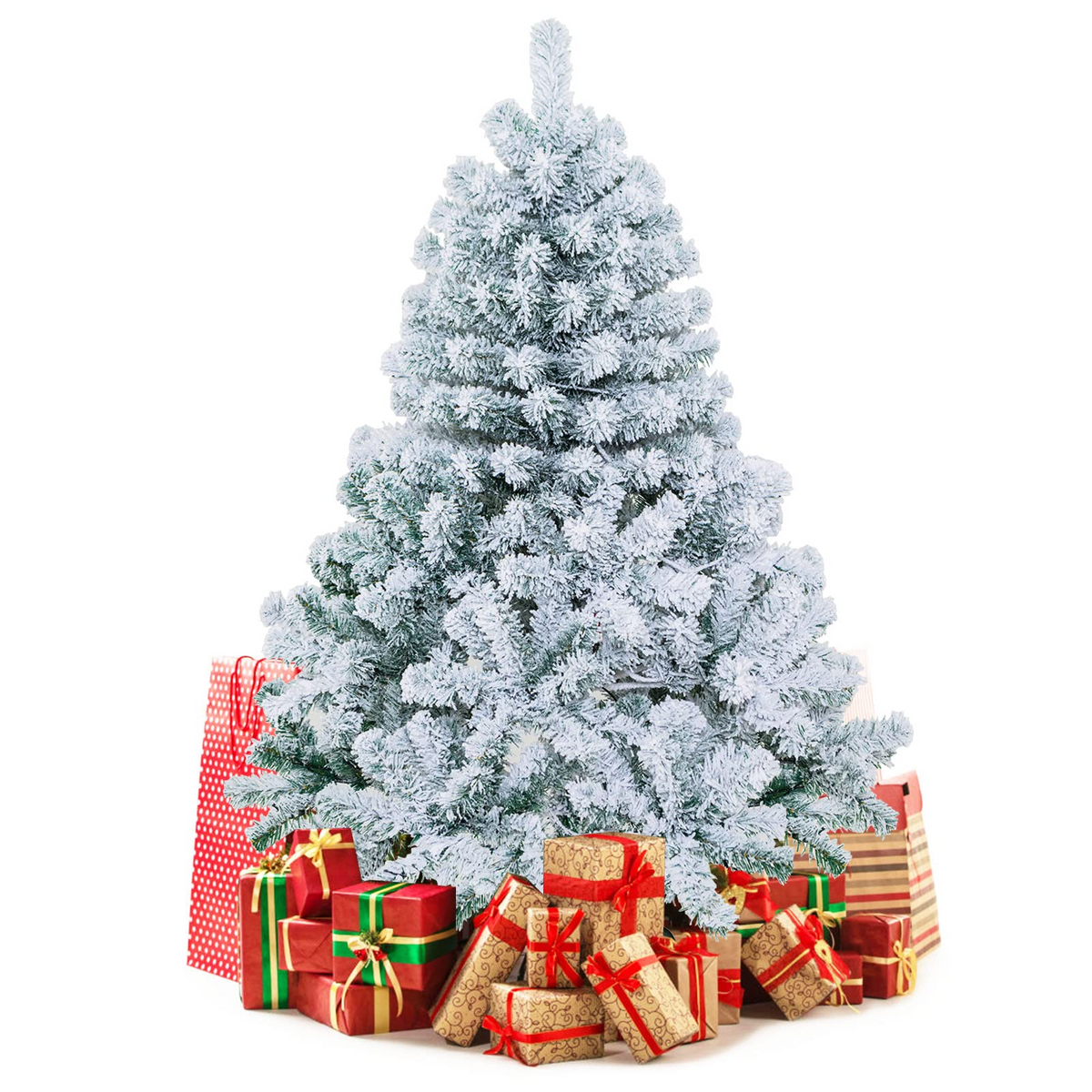 Lucktree 4.5 FT Pre-Lit Snow Flocked Christmas Tree, Artificial Hinged Xmas Tree W/ 150 LED Lights - LucktreeUS