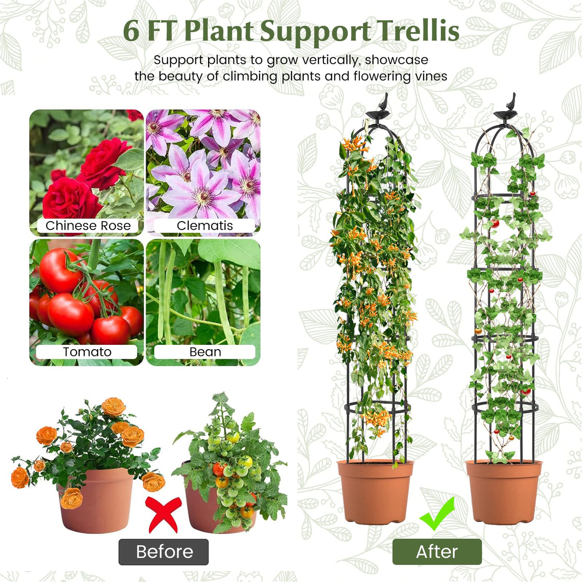 Lucktree 2-Pack Tomato Cages, 69” PE-Coated Metal Garden Obelisk Trellis for Climbing Plants
