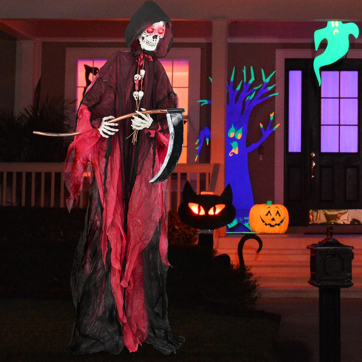 Lucktree 8 Ft Halloween Animatronics, Sound & Touch Activated Grim Reaper with Sickle, Glowing LED Eyes & Scary Voices