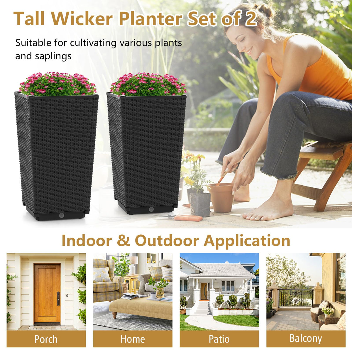 Lucktree Outdoor Wicker Flower Pot Set of 2, 22.5” Tall Planters with Drainage Hole, Self-Watering Tray