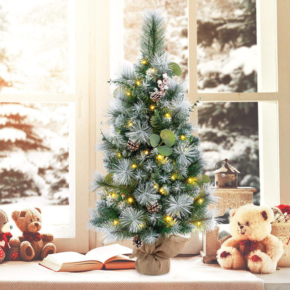 Lucktree 3ft Pre-Lit Mini Tabletop Christmas Tree with 30 Warm White LED Lights, Timer, 98 Flocked PVC & Pine Needles
