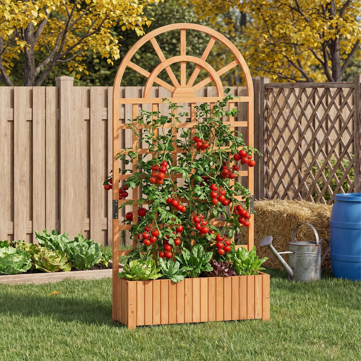 Lucktree Wooden Raised Garden Bed with Trellis 71" Outdoor Planter Box Privacy Screen