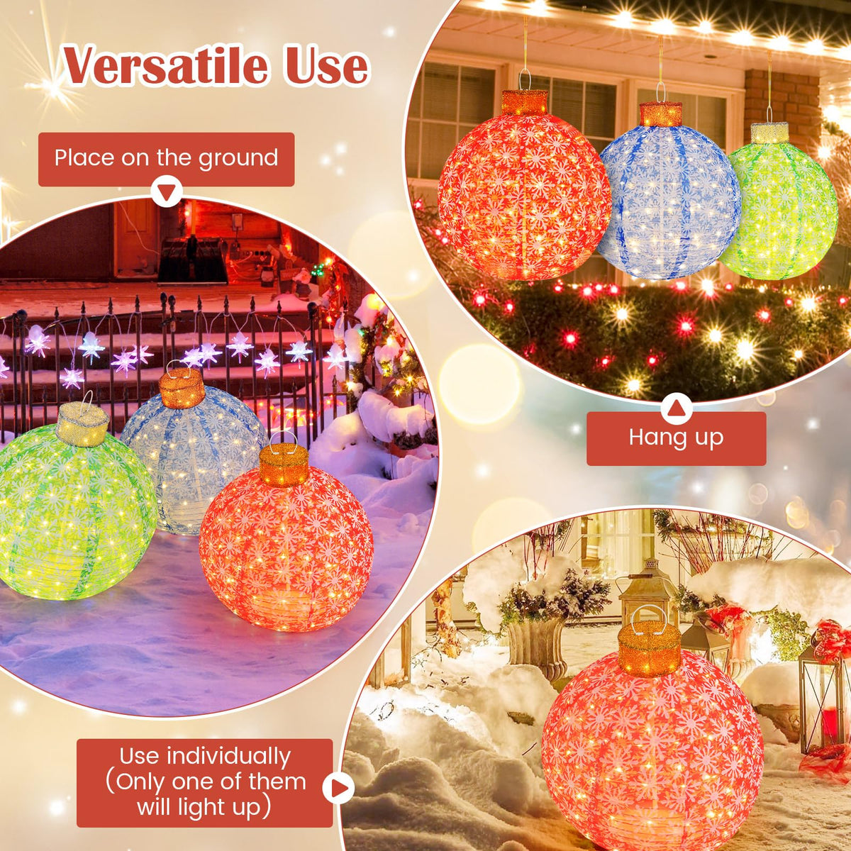 Lucktree Christmas Lighted Pop up Ornaments Set of 3, Outdoor Xmas Lighted Hanging Lanterns with Warm White LED Lights