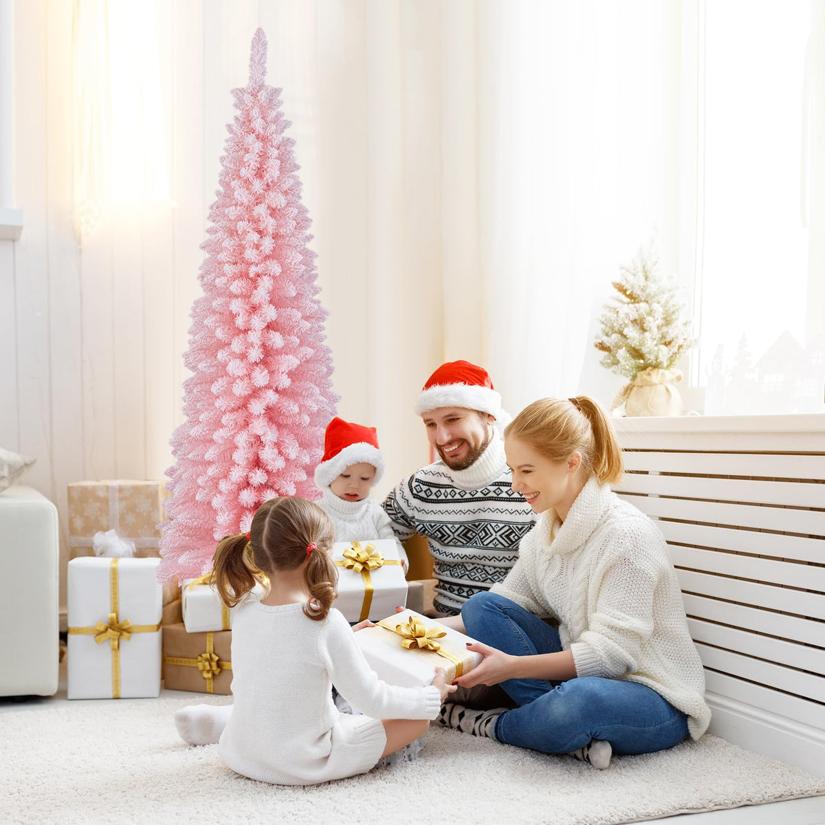 Lucktree 6ft Pink Slim Pencil Christmas Tree, Artificial Unlit Skinny Xmas Full Tree with 460 Branch Tips