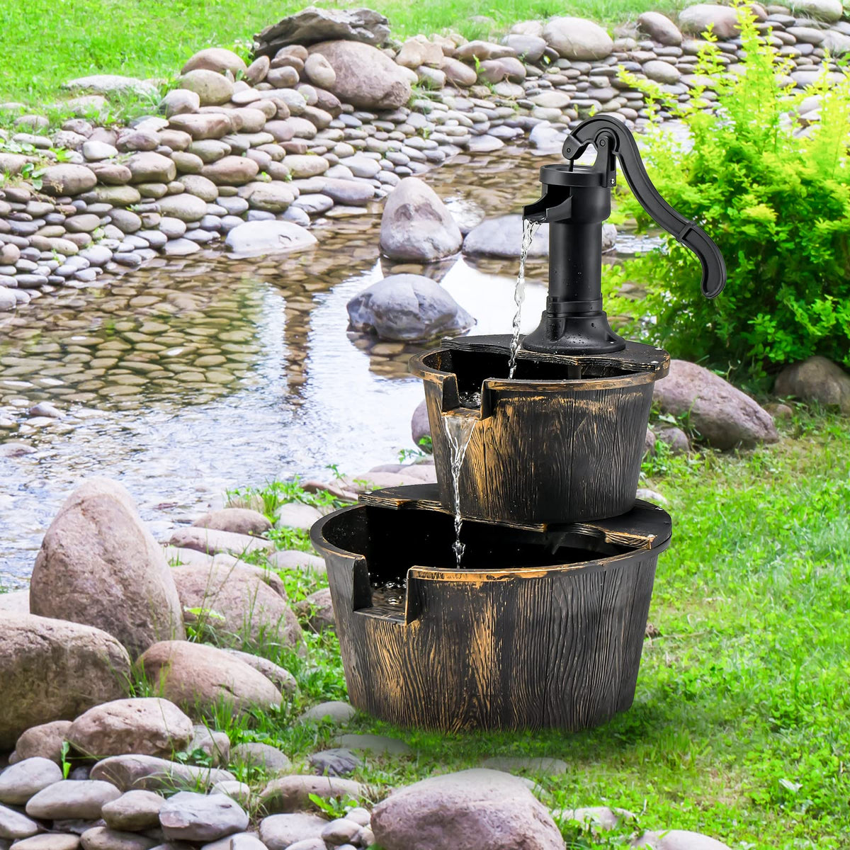 Lucktree 2-Tier Water Fountain Outdoor for Garden Patio Backyard, Plastic